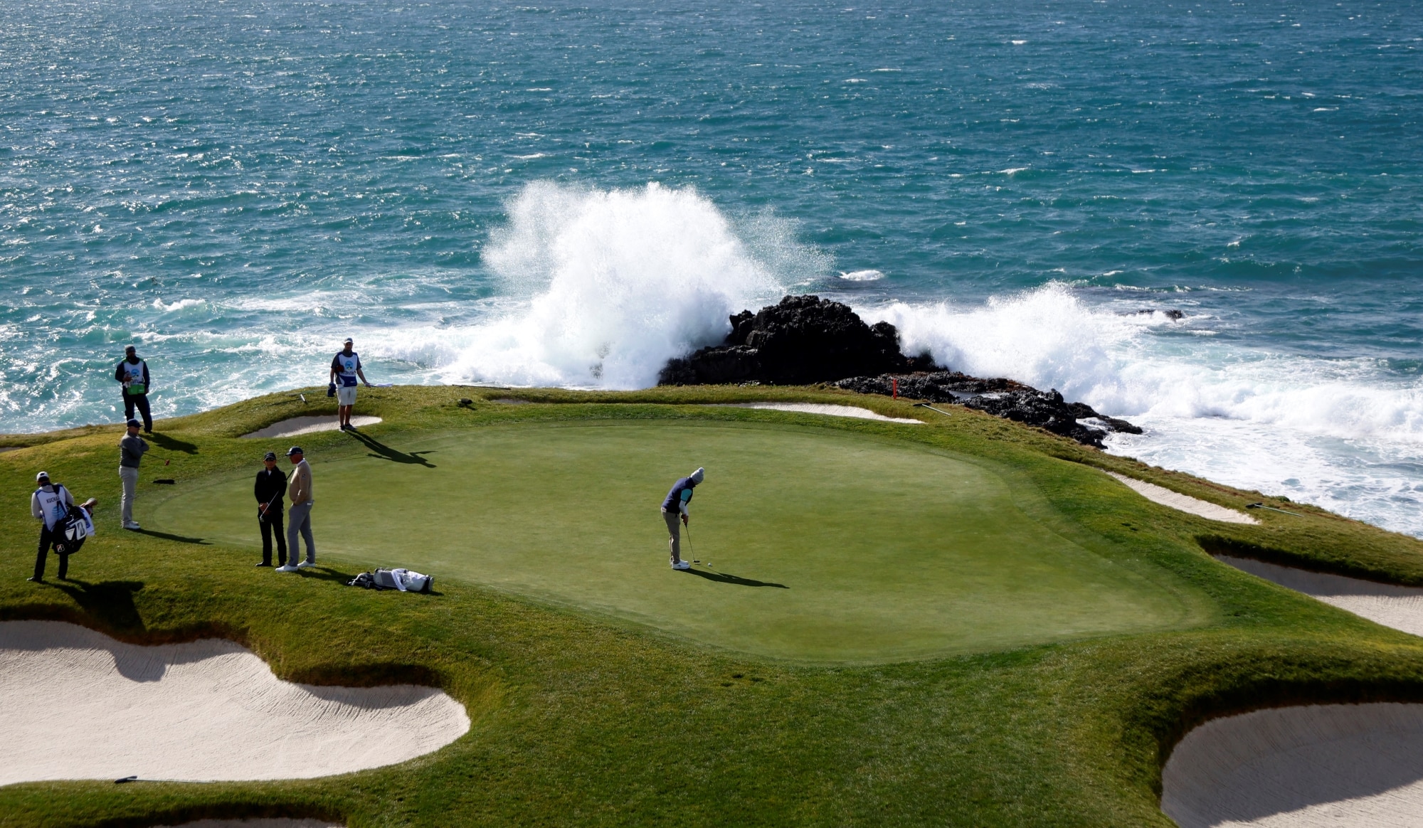 Aerial view of players ate Pebble Beach Golf Links